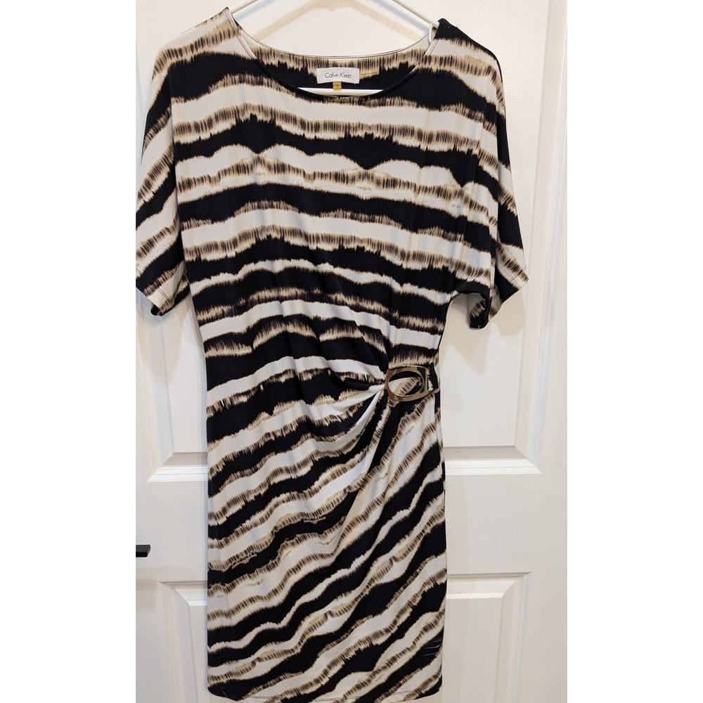 Calvin Klein Animal Print‎ Ruched Side Draped Gold Hardware Dress Women's Small